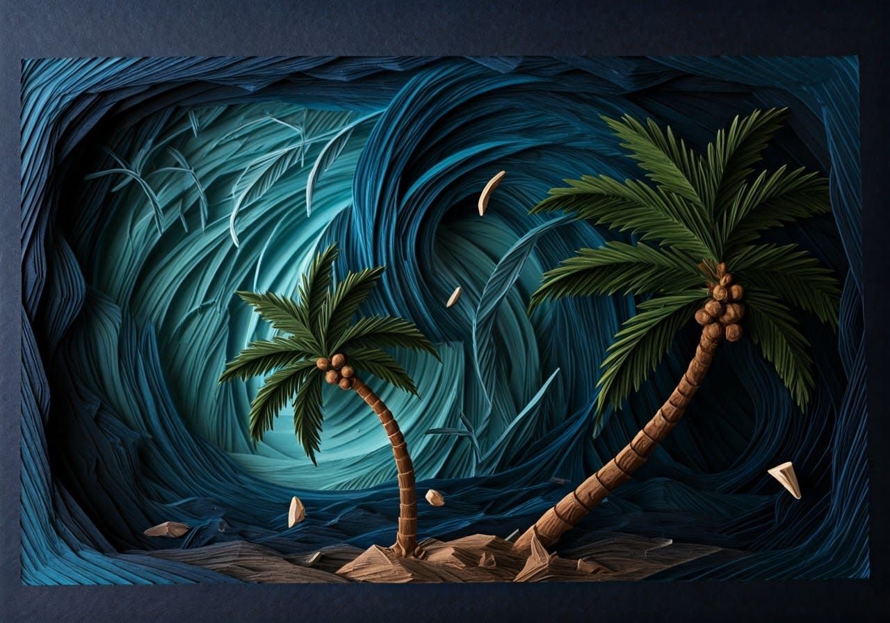 Kirigami Hurricane: Intricate Paper-Cut Palm Trees