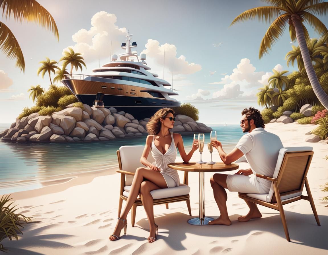 Hyperrealistic Private Island Oasis with Yacht, 1980s Style