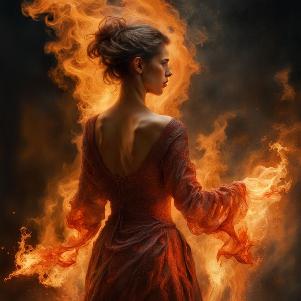beautiful fire mage, fire flames intricate, fire flames danc...