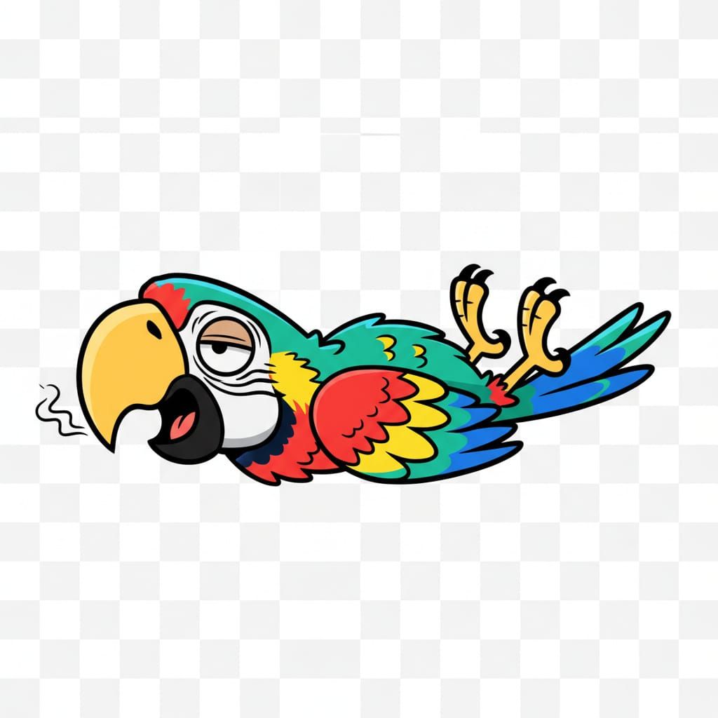 Tired Cartoon Parrot Sits with Legs Stretched Out