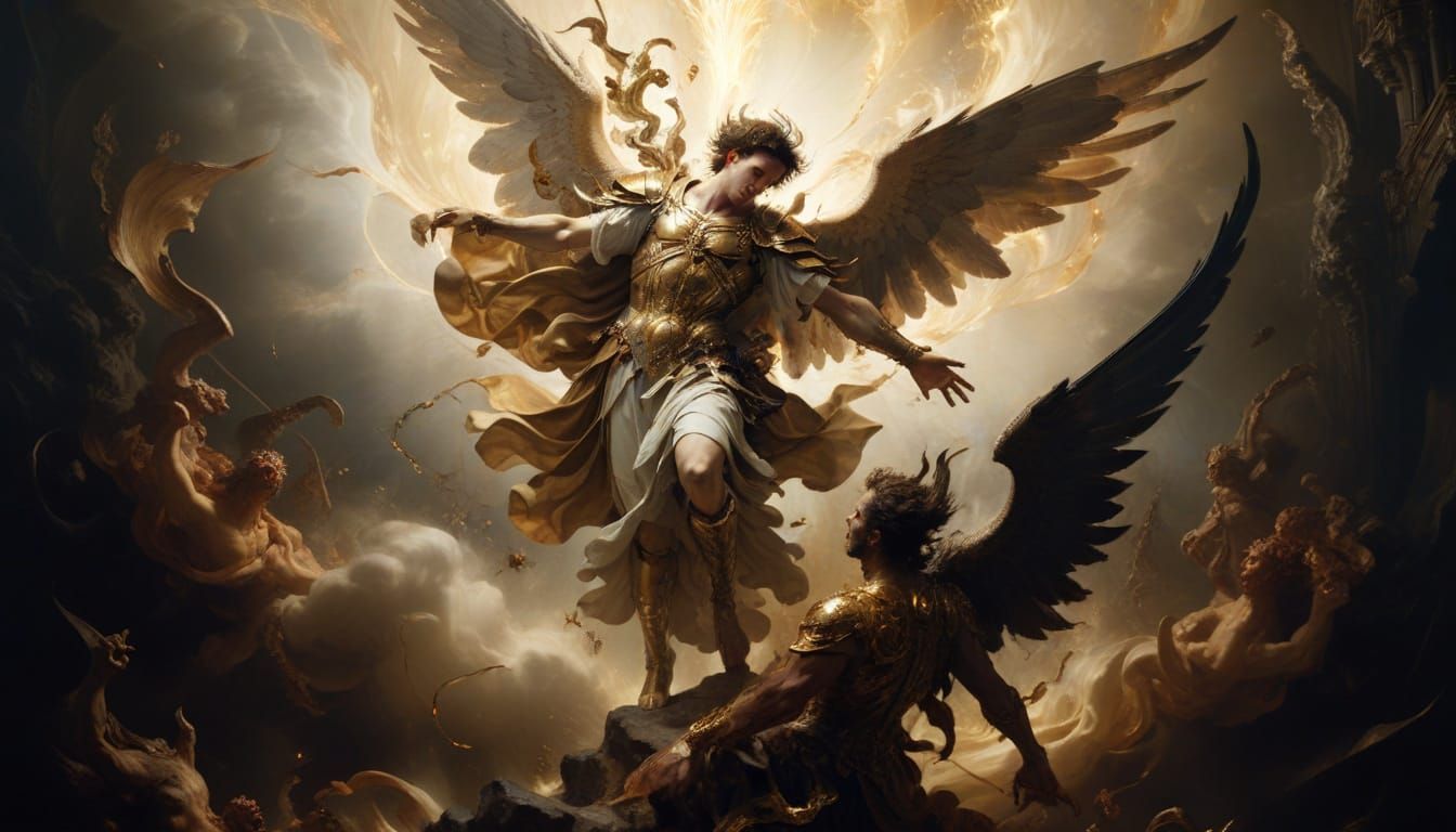 Avenging Angel Battles Horned Demon in Hellish Vortex