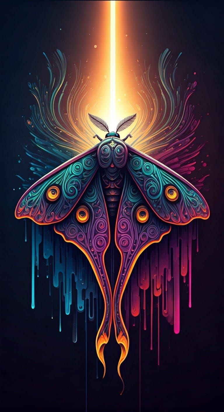 Neon Moth Drawn to Light: A Digital Art Piece