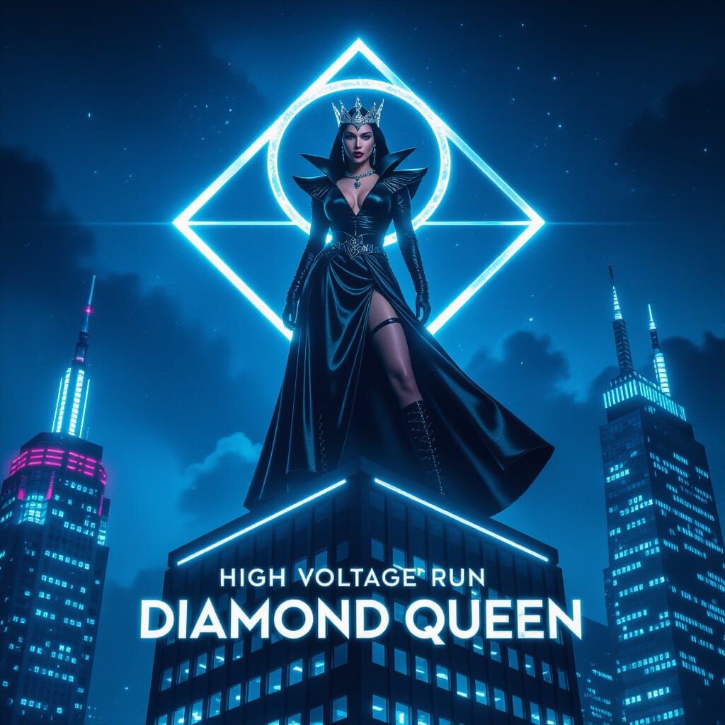 Diamond Queen: Regal Woman on Neon Skyscraper