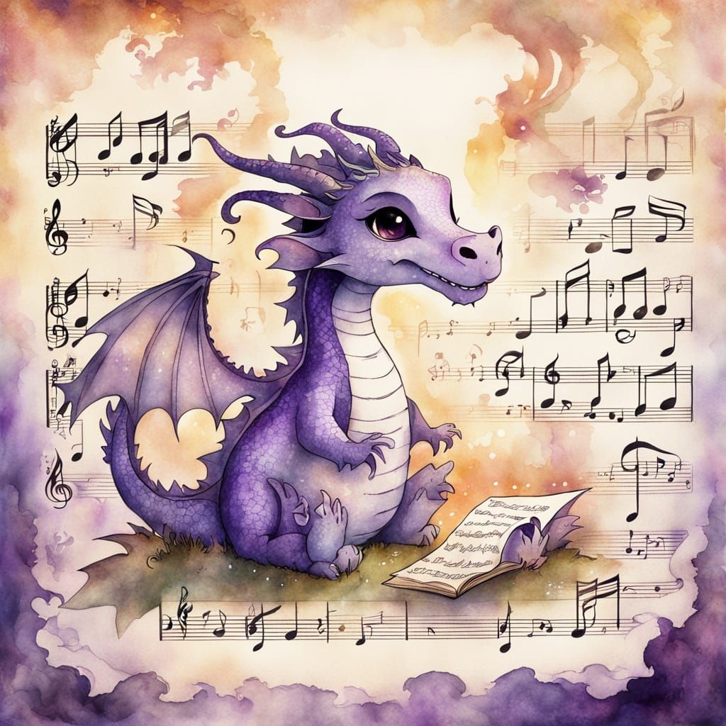 Chibi Dragon on Musical Sheet in Watercolor Style