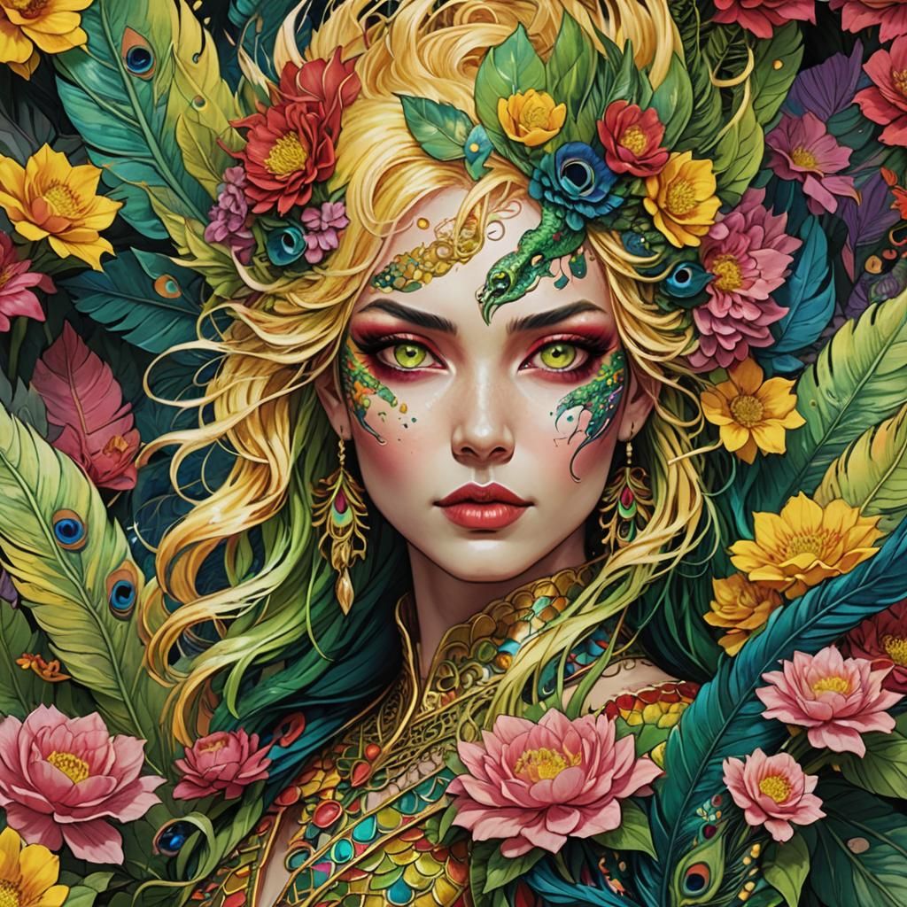 Dragon Peacock Woman Portrait in Comic Book Style