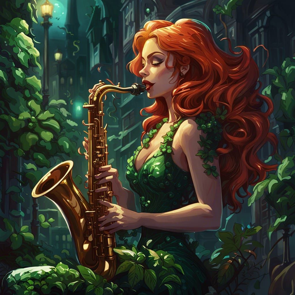 Poison Ivy Plays Saxophone: Digital Art Illustration