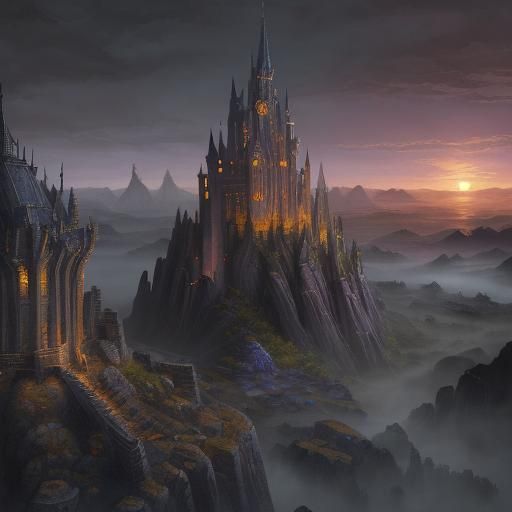 Fantasy Castle with Runes in Watercolor Style