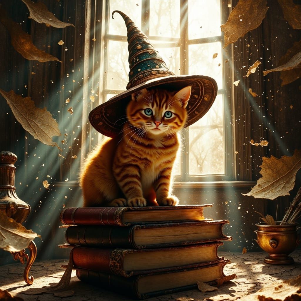 Ginger Cat in Celestial Hat on Spellbooks