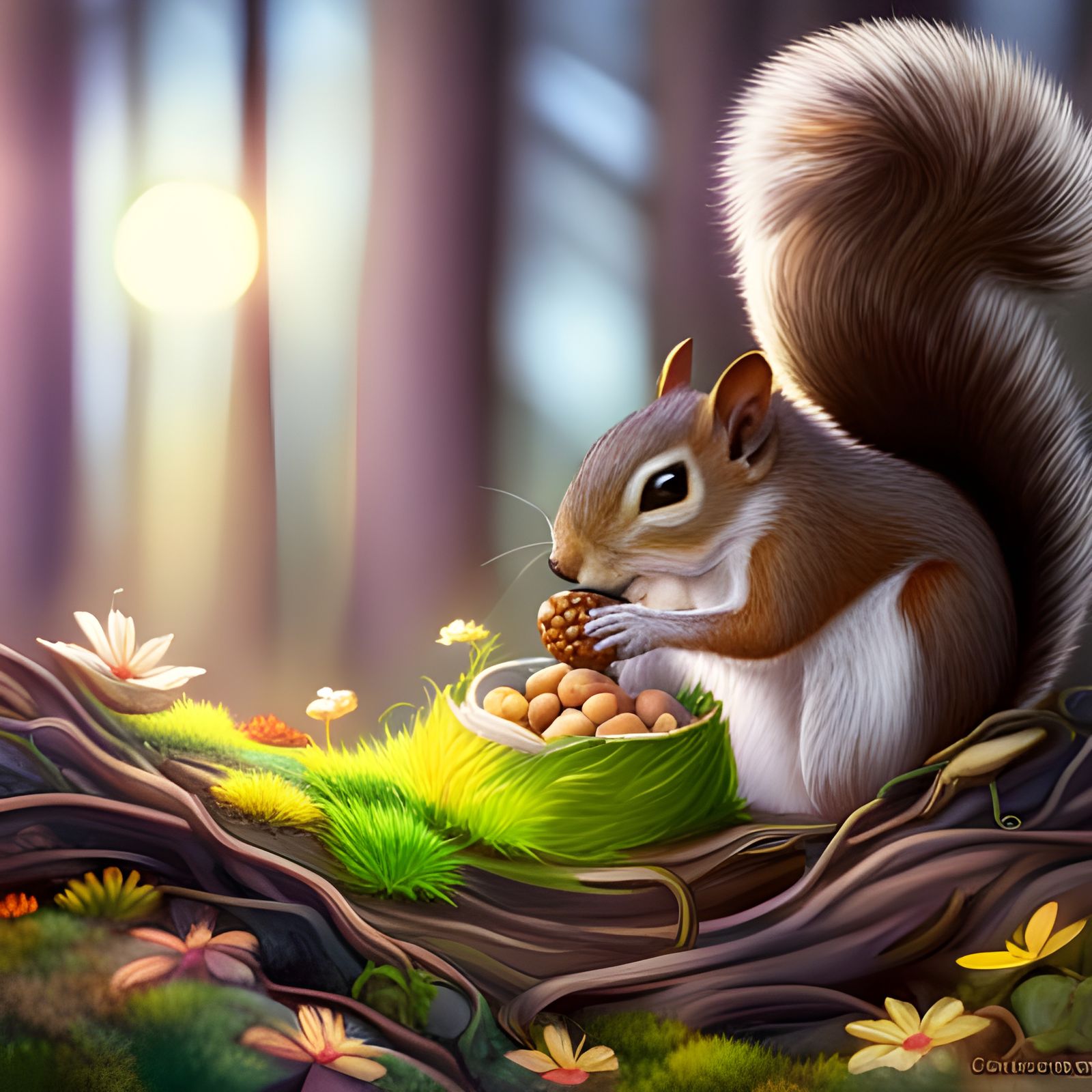 Cute Squirrel Eating Nuts: Ghibli-Inspired Art