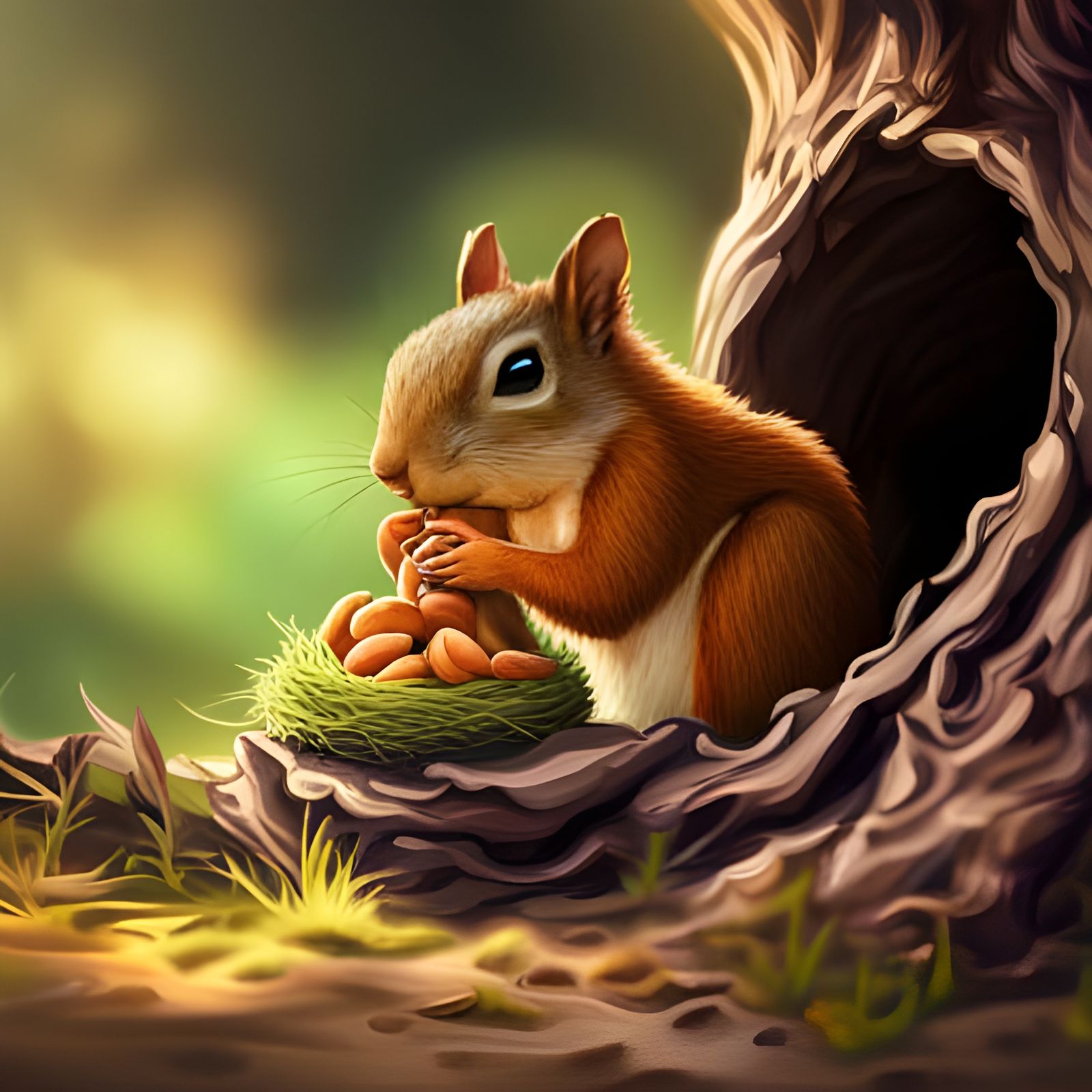 Cute Squirrel Eating Nuts, Studio Ghibli Style