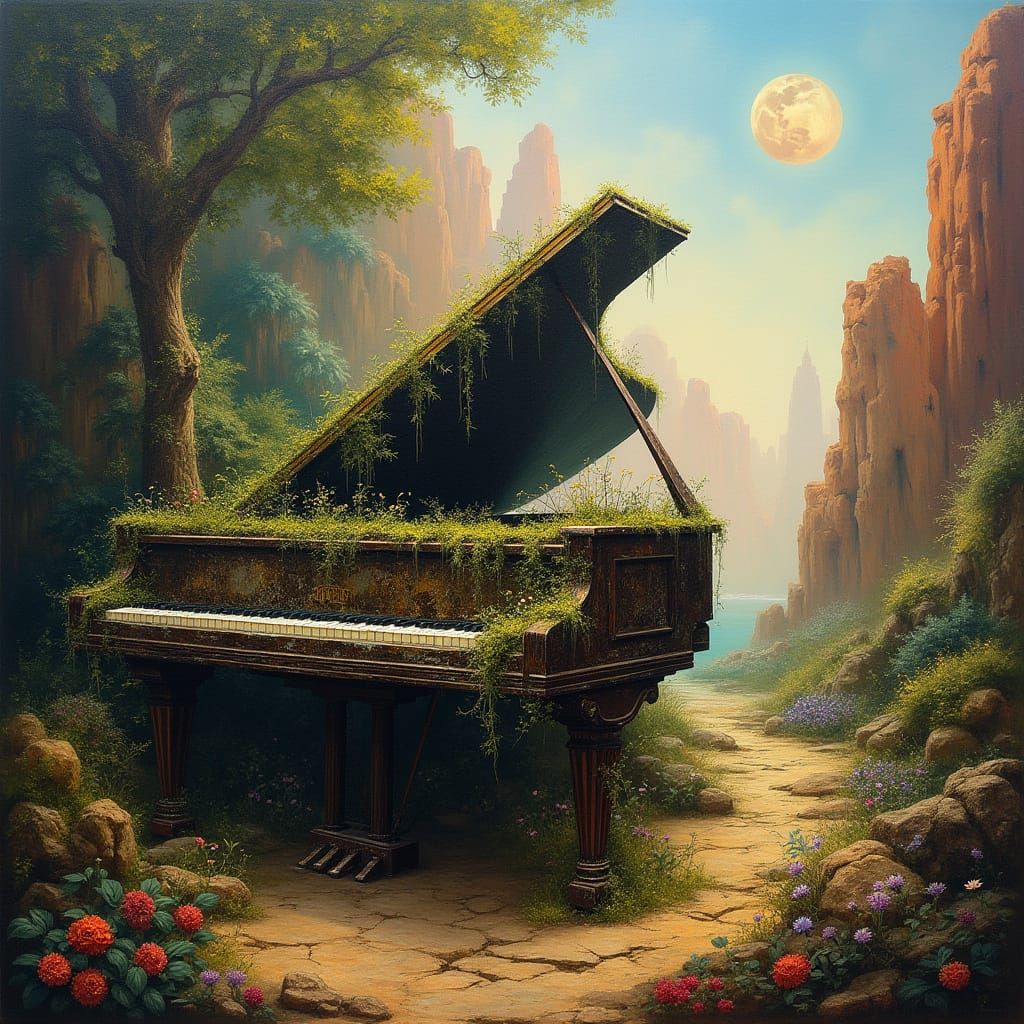 Surreal Piano: Jungle Meets Desert in Abstract Style