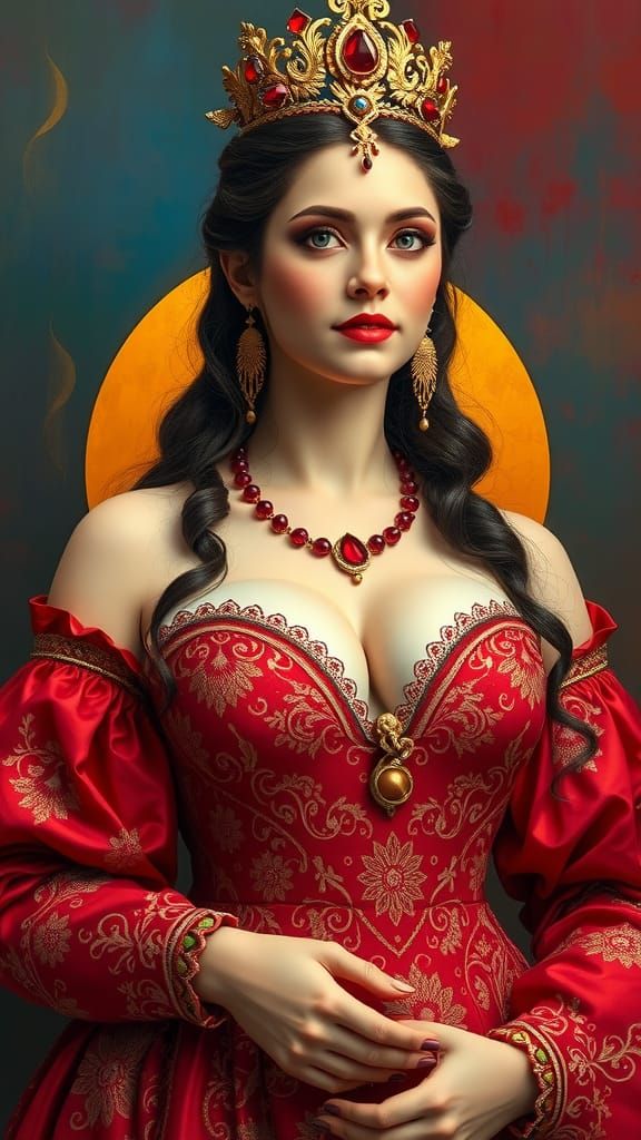 Renaissance Goddess in Ruby Gown Oil Painting