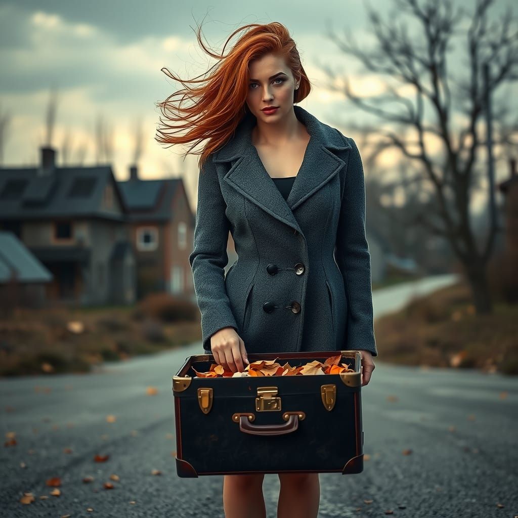 Woman With Auburn Hair Blown By Wind Holding Autumn Leaves