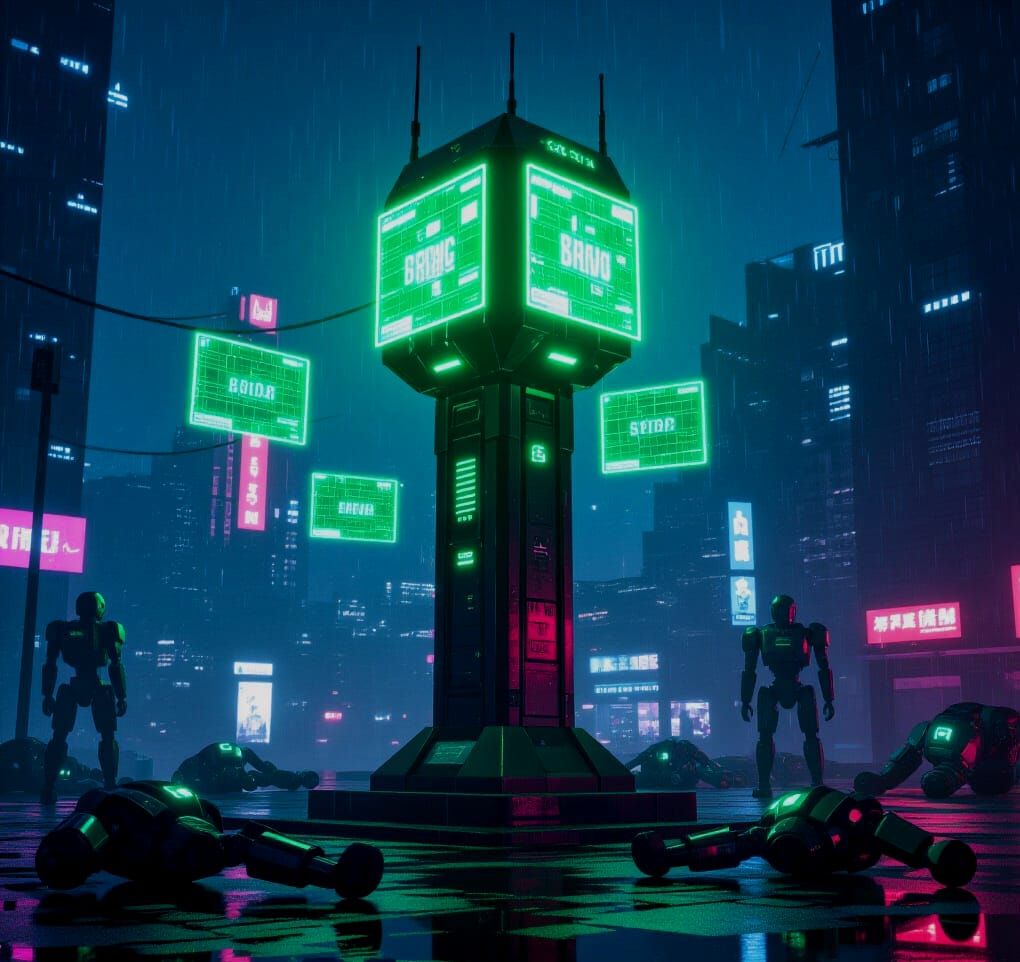 Futuristic Robotic Beacon with Holograms in Cyberpunk Style