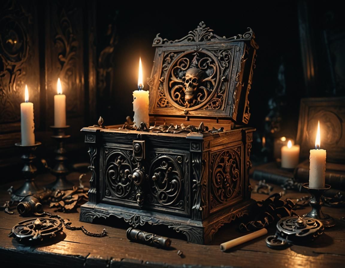 Cursed Music Box in Dark Fantasy Oil Painting