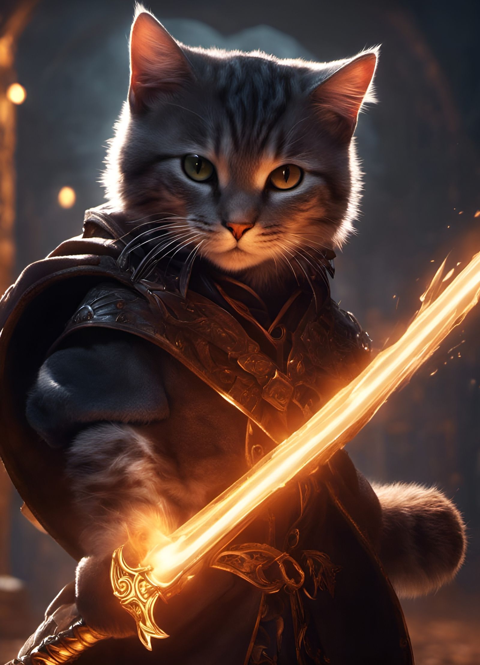 Cute Cat Mage with Fire Sword in Dark Fantasy