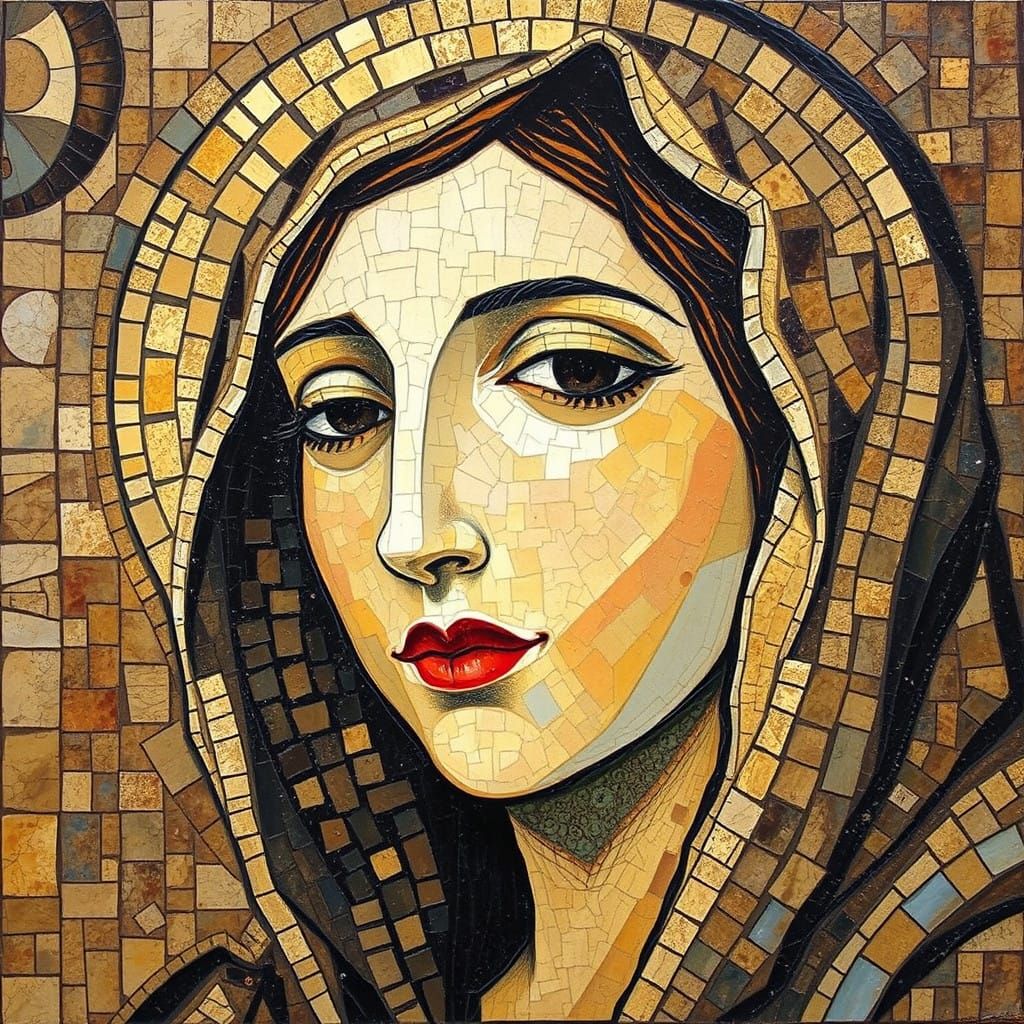 The Serene Face of Mary in Cubist Mosaic