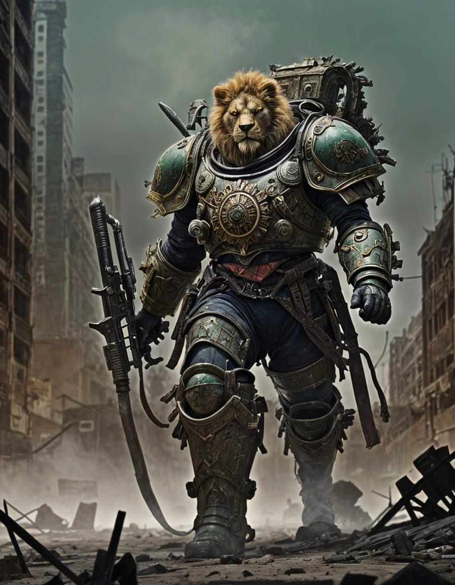 Lion Headed Warrior in Cyberpunk Armor in Ruins