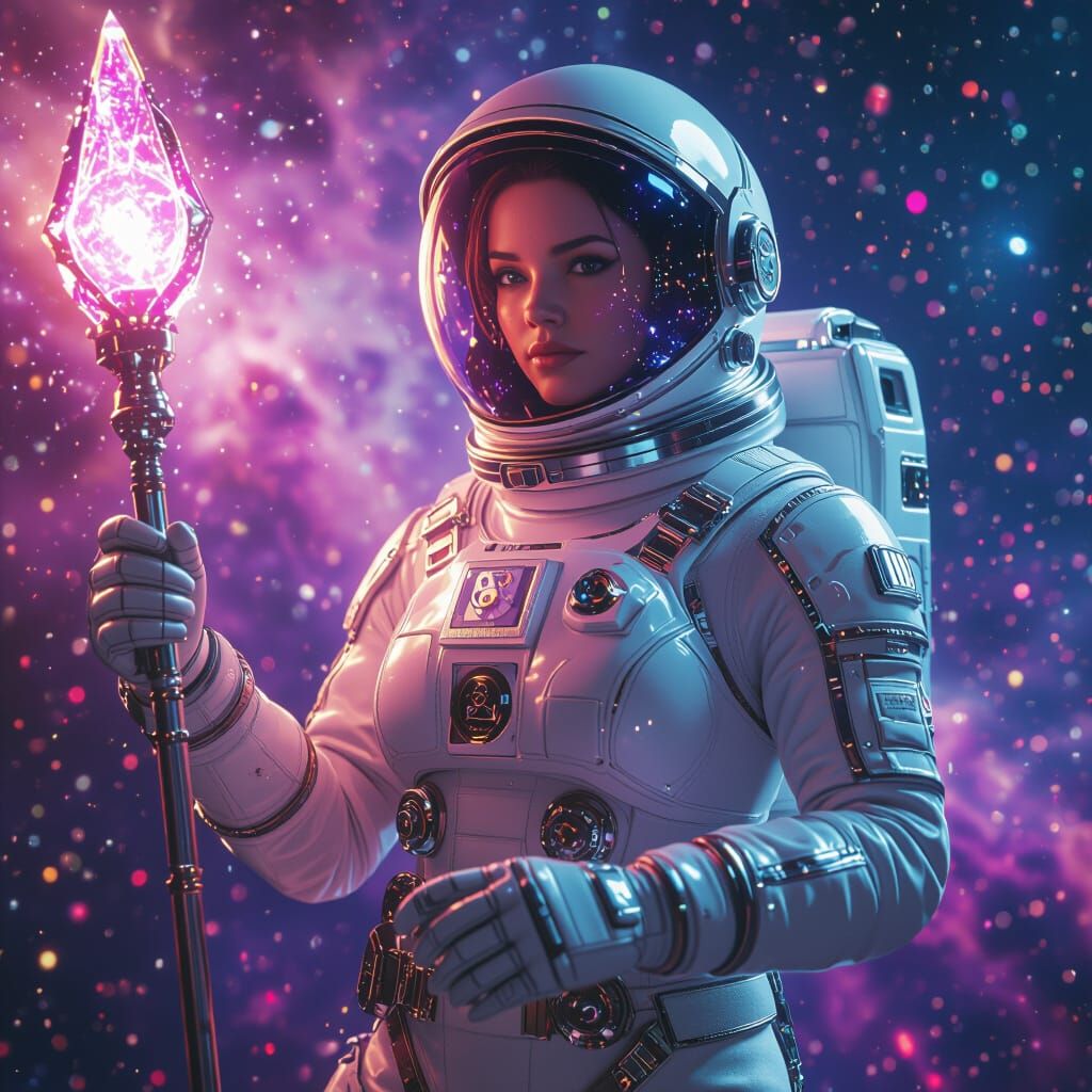 Queen Astronaut with Cosmic Scepter in Nebula