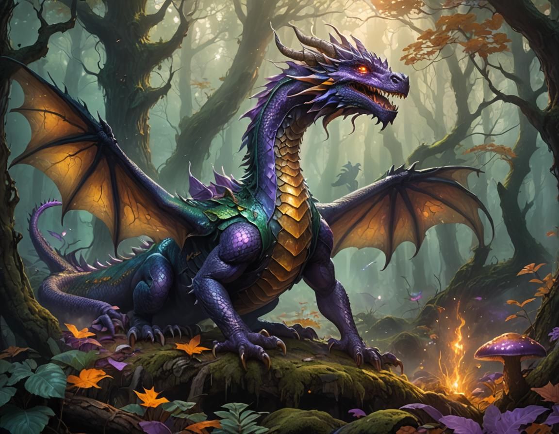 Purple Dragon in Misty Forest Concept Art