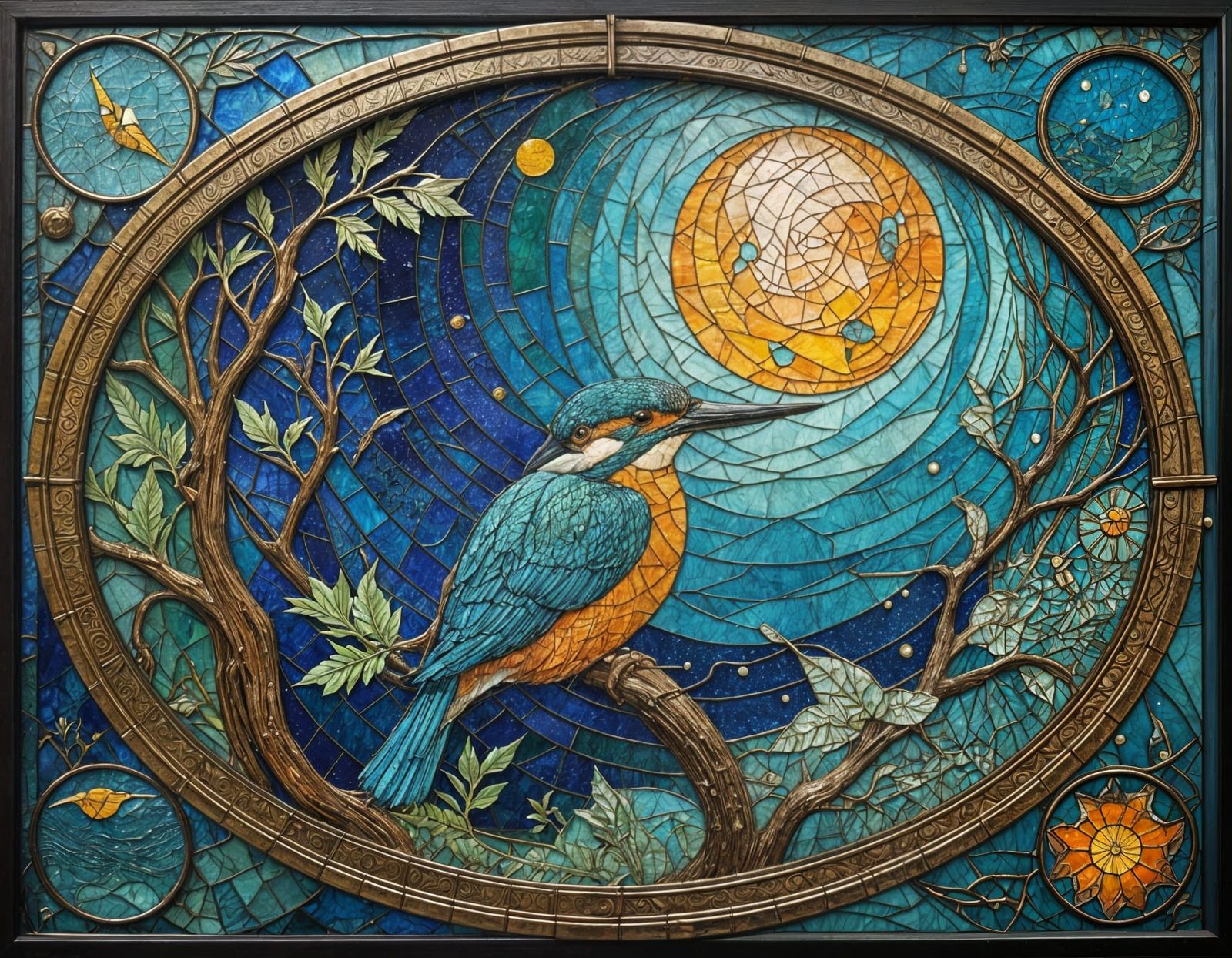 Surreal Stained Glass Kingfisher Window with Vibrant Astrono...