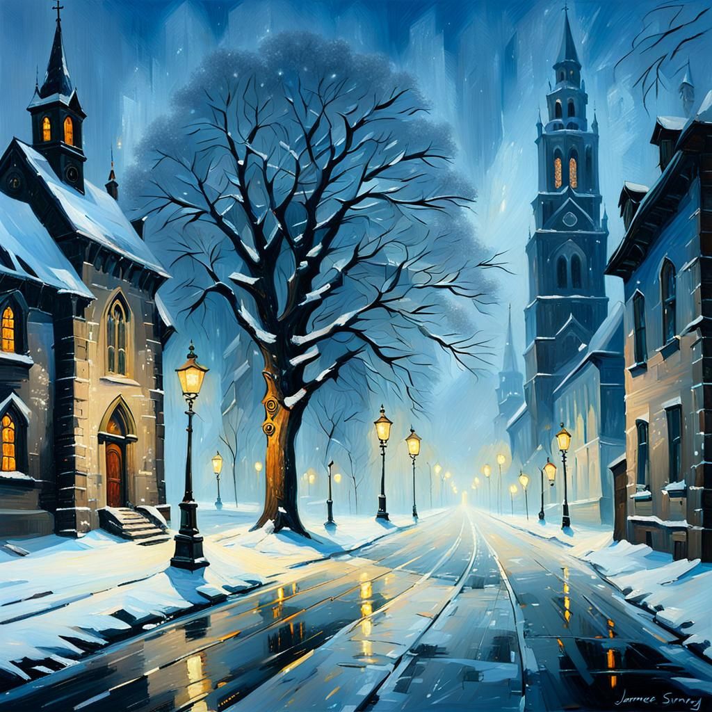 Winter Landscape with Church in Oil Painting Style
