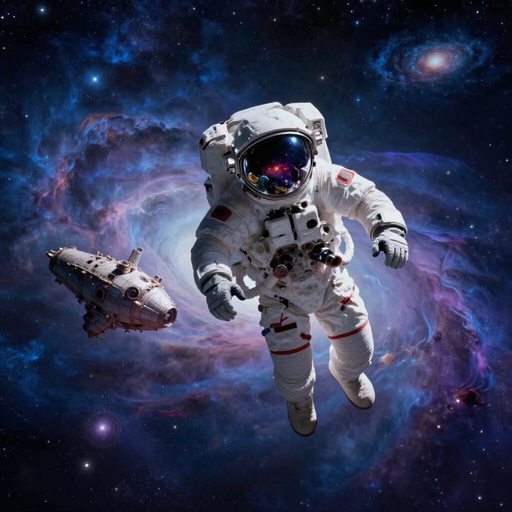 Astronaut Adrift in Cosmic Void Reflecting Galaxies