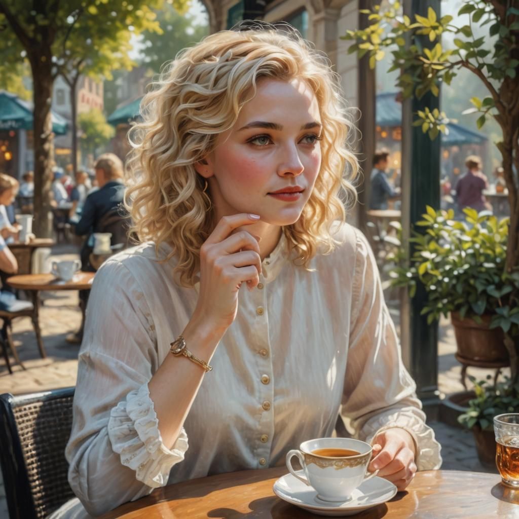 Woman Sipping Tea in Sunlit Cafe: Ethereal Fantasy
