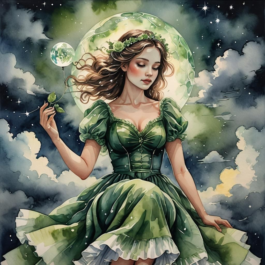 Girl on Cloud in Green Watercolor Portrait