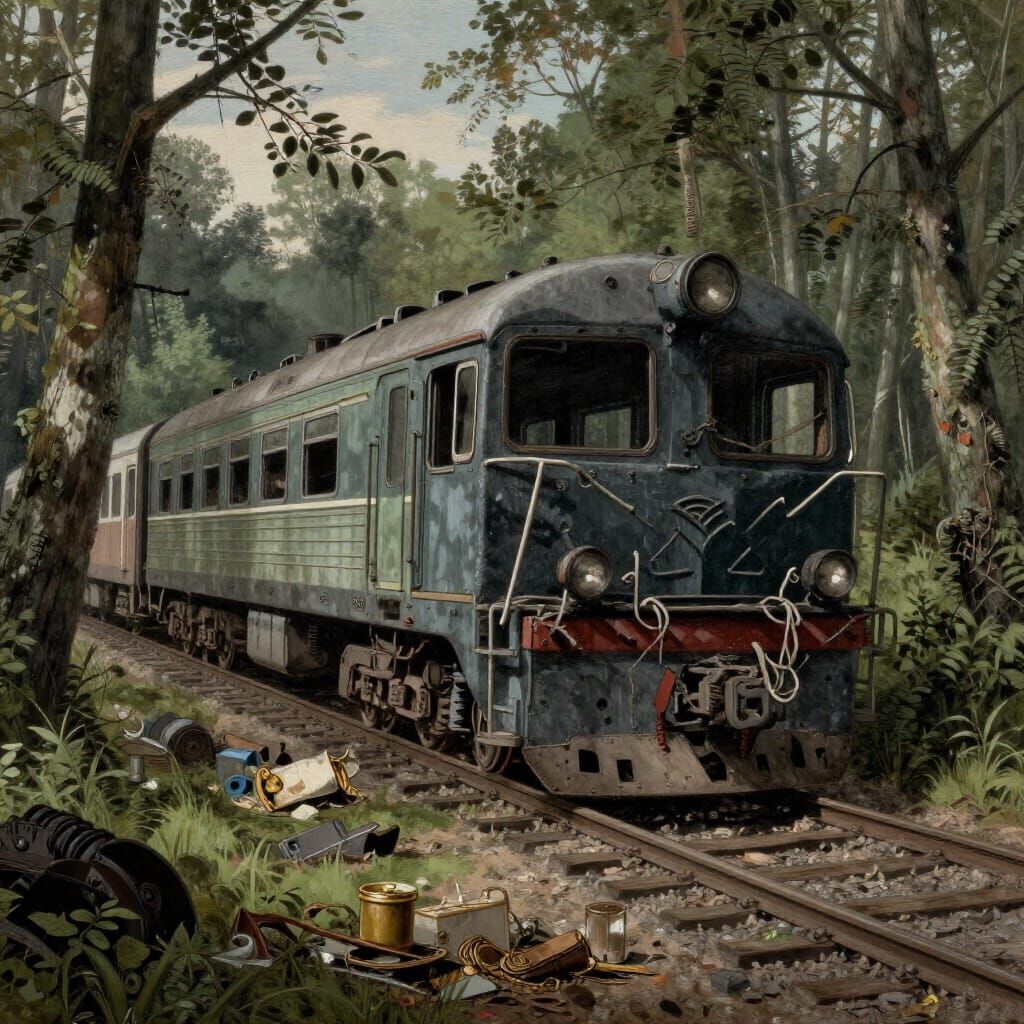 Haunting Train Wreckage in Eerie Woods