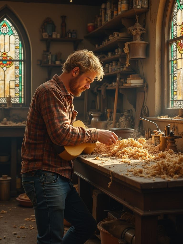 Guitar Maker in Workshop, Oil Painting Style