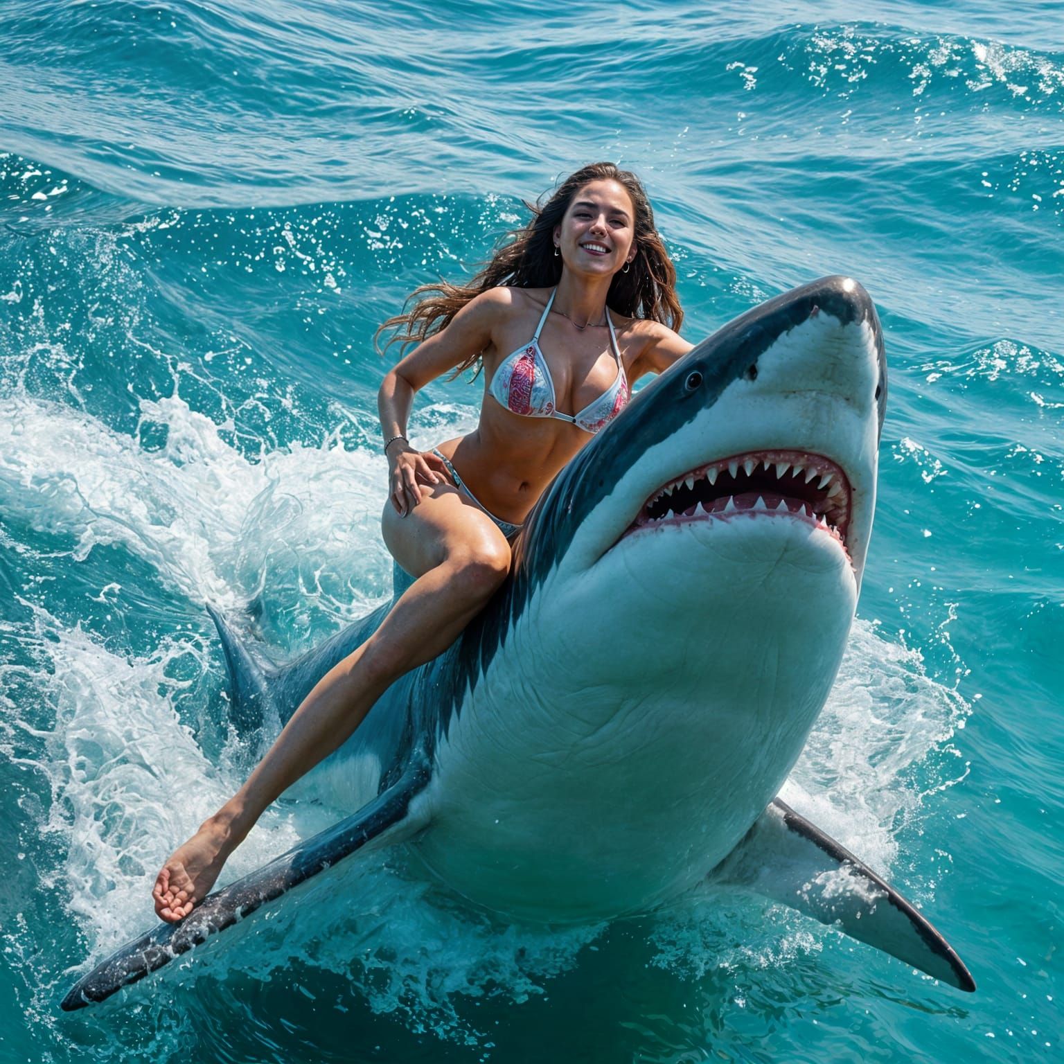 Woman Rides Great White Shark in Hyperrealistic Bikini