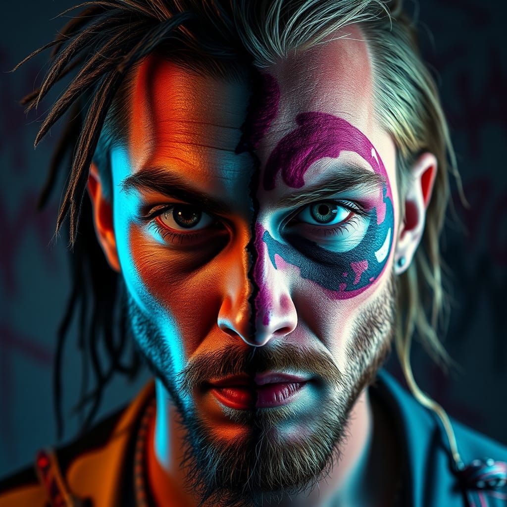 Hyperrealistic Split Portrait in Graffiti Art Style