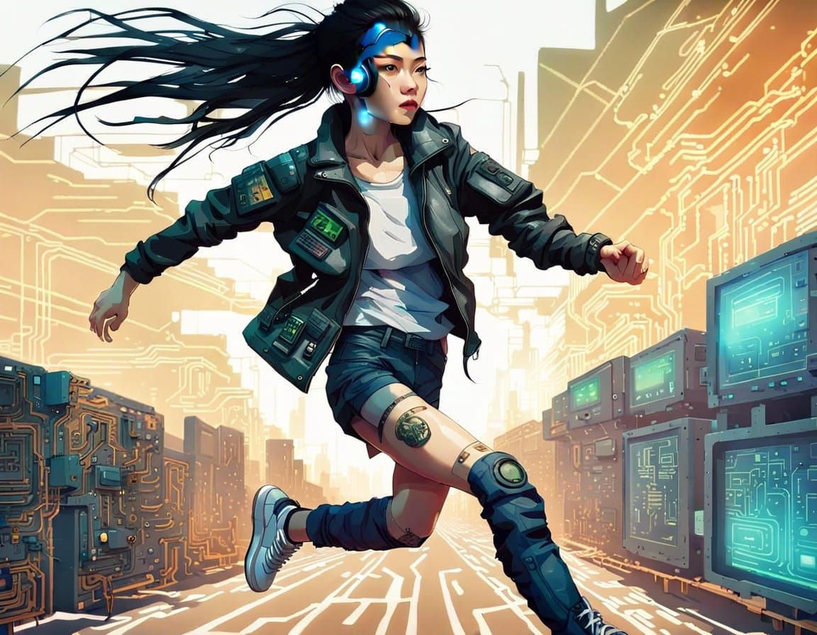 Cyberpunk Girl Running with Electronic Gadgets