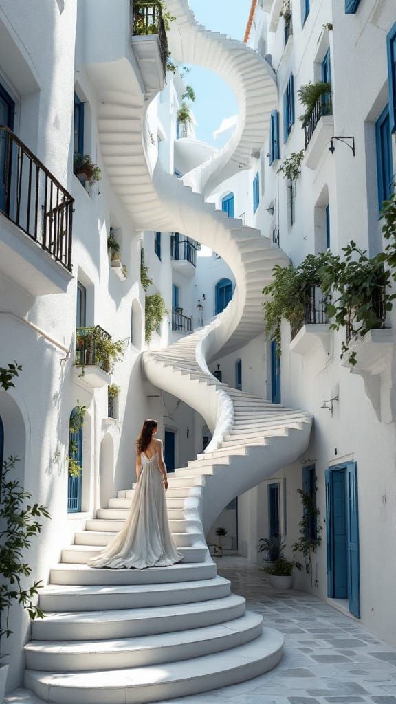 Elegant Woman Ascends Impossible Escher Staircase in Mediter...
