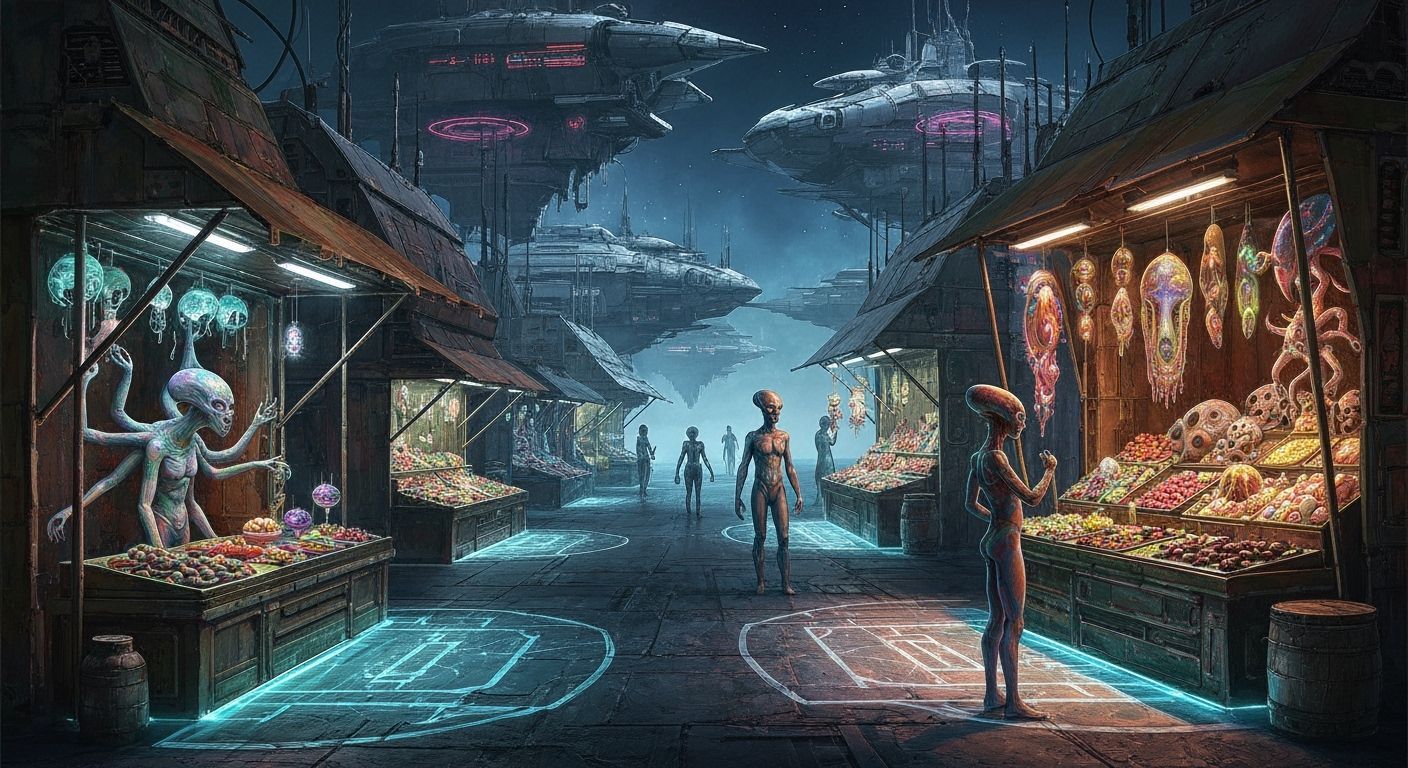 Floating Bazaar in Space: Cyberpunk Market Scene