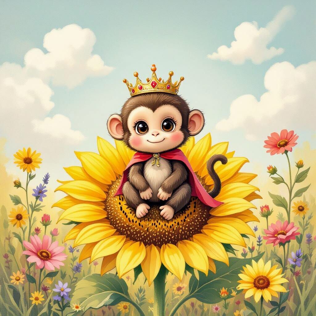Adorable Monkey King on Sunflower in Dreamy Watercolor Style