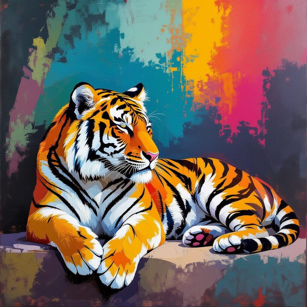 Resting Zoo Tiger in Expressive Abstract Style