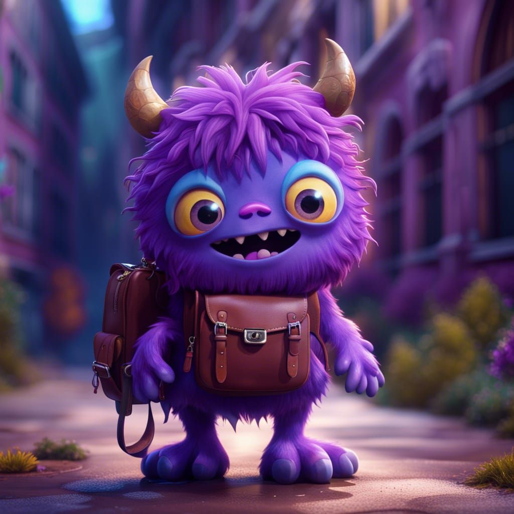 Cute Purple Monster with School Bag