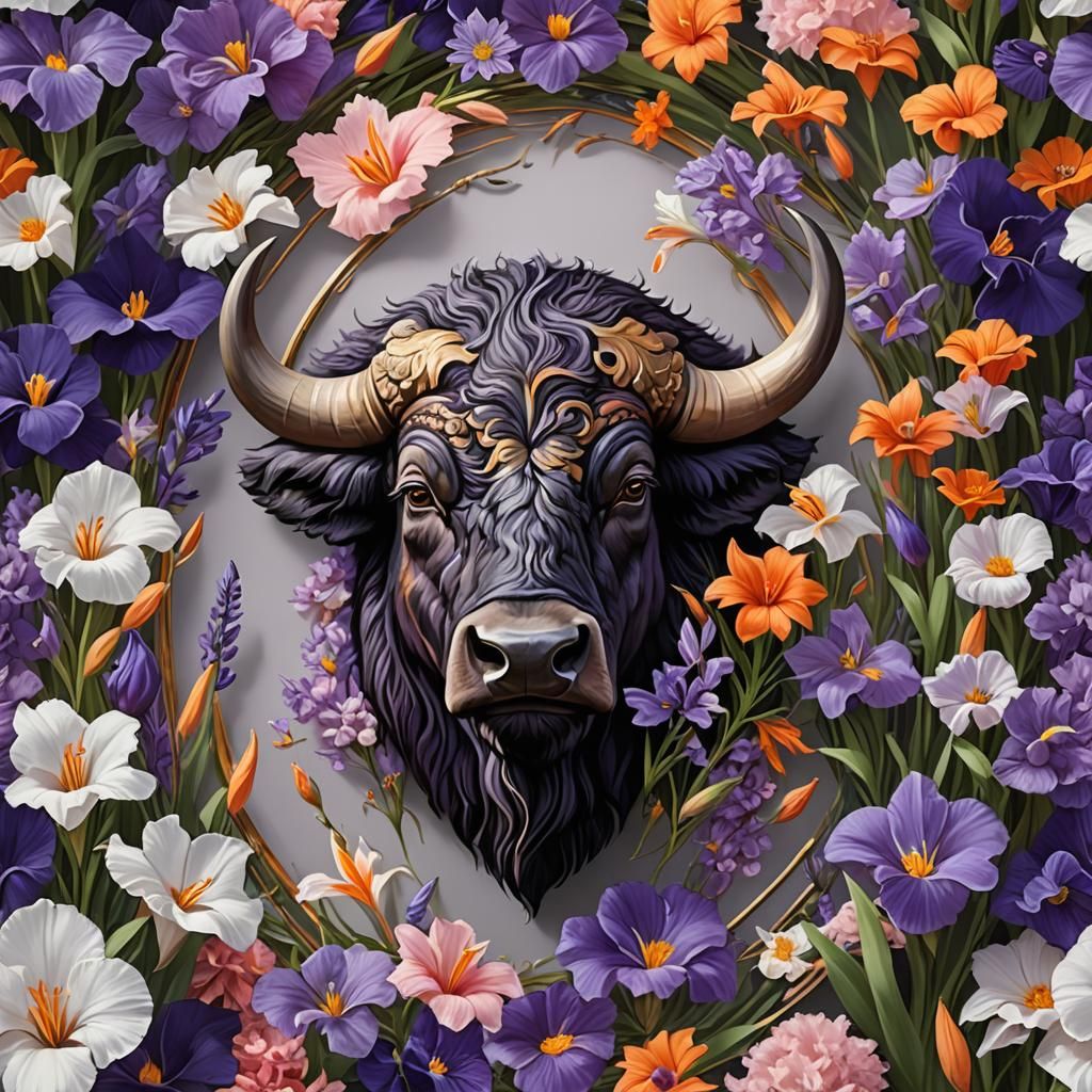 Buffalo Head Surrounded by Flowers: Fantasy Art