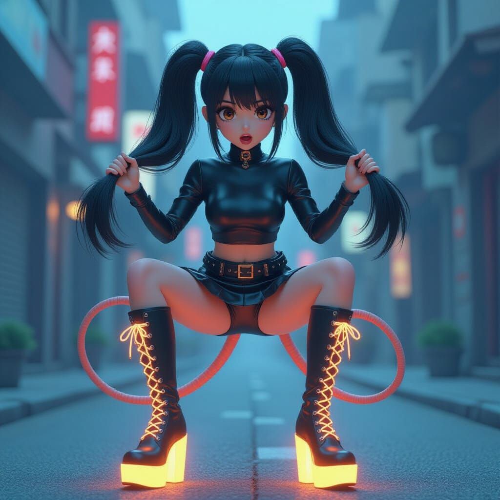 Surprised Woman with Glowing Boots in Futuristic 3D Anime Ar...