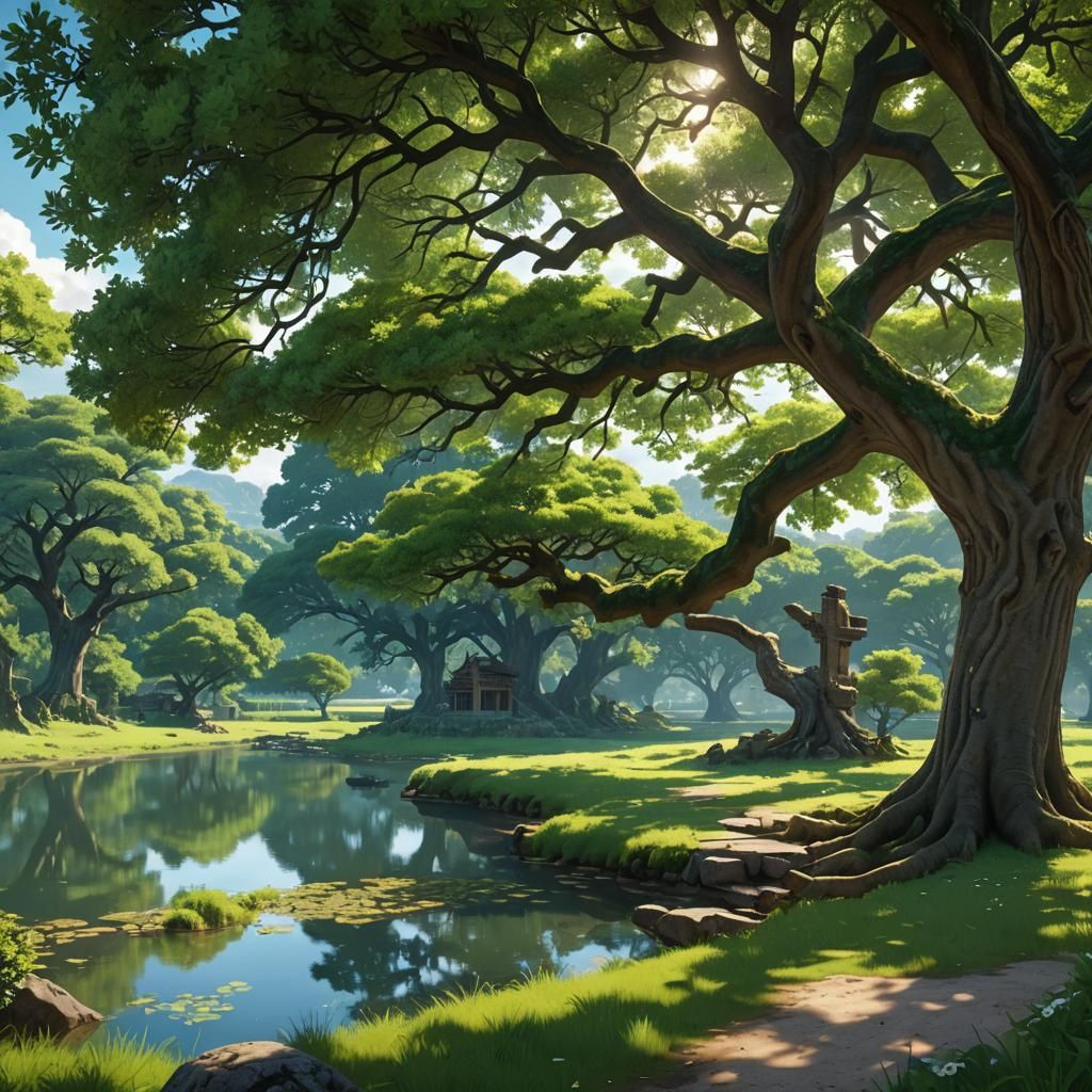 Oak Tree Glade with Island Cloister in 3D Anime Style