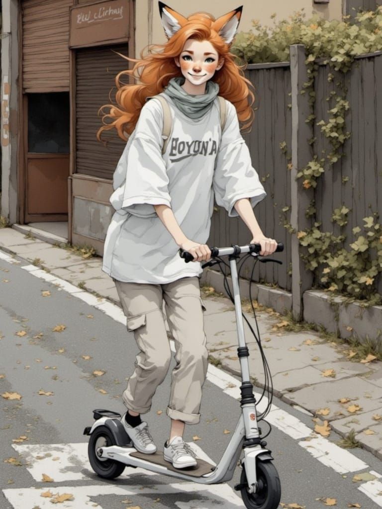 Fox-girl Vixen rides her E-scooter.