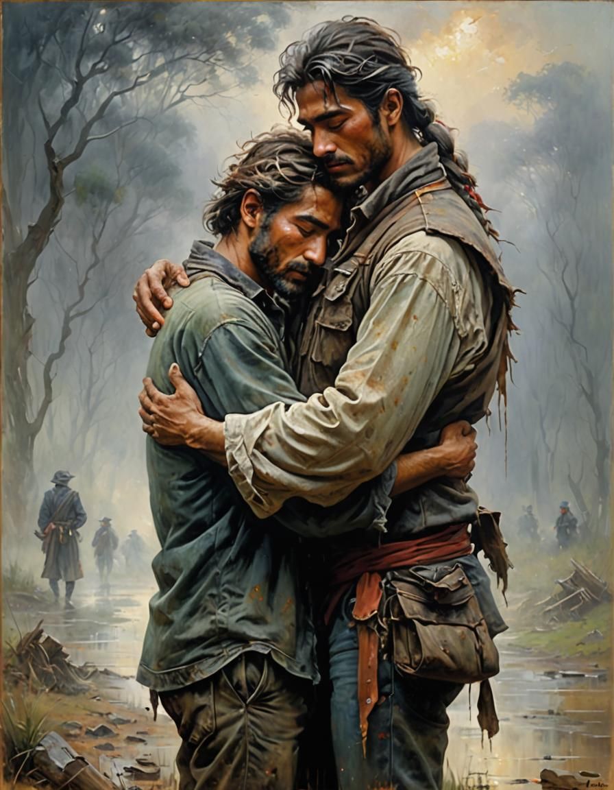 Men's Embrace in Fog: Emotional Oil Painting
