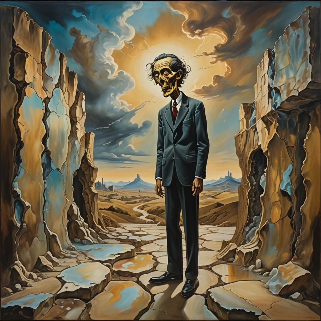 Surreal Man Melds with Dreamscape, Oil Painting