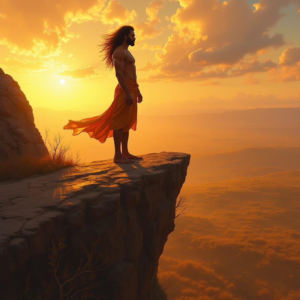 Majestic Man Overlooking Savanna in Hyperrealistic Style