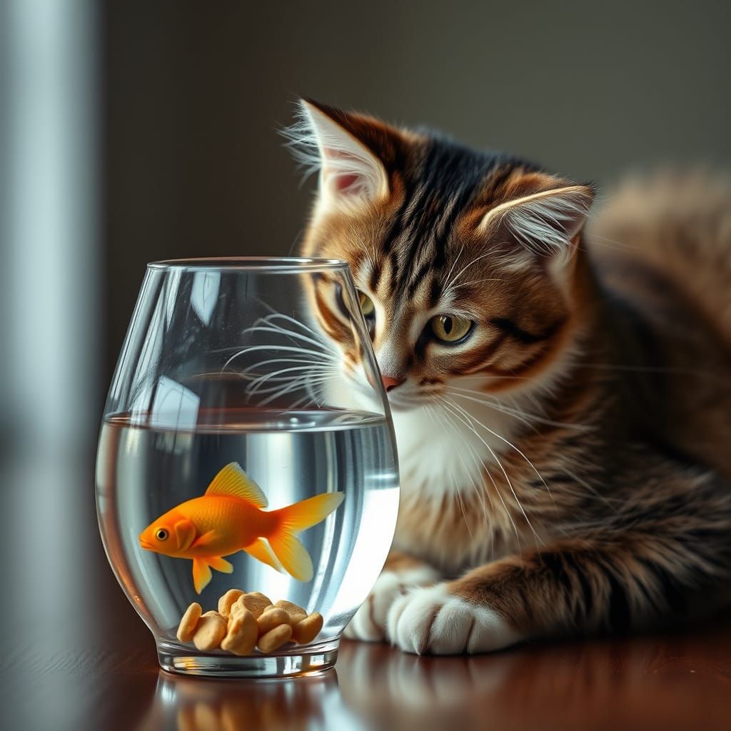 Sweet Cat Observes Goldfish in Aquarium