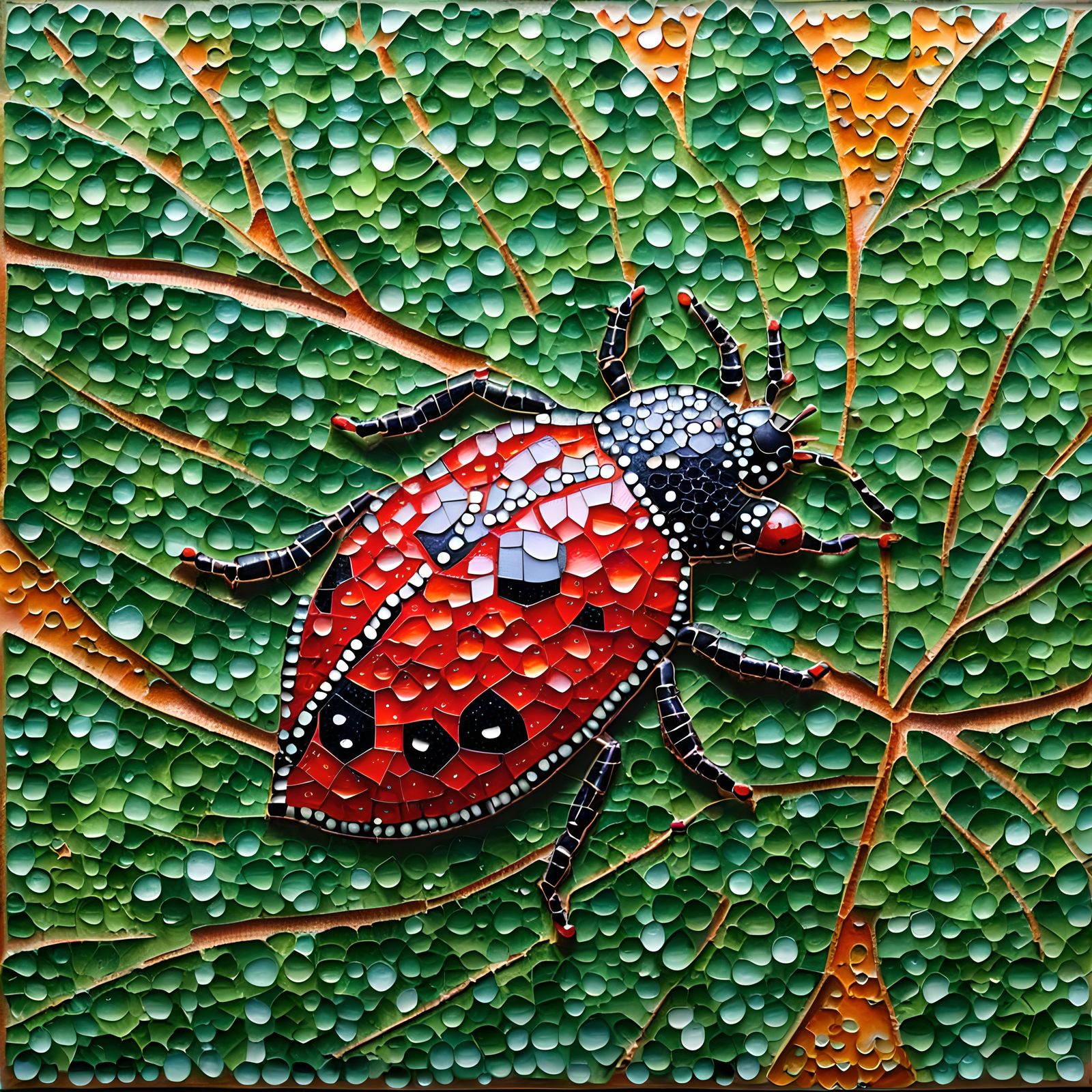 Mosaic Ladybug on Dew-Kissed Leaf