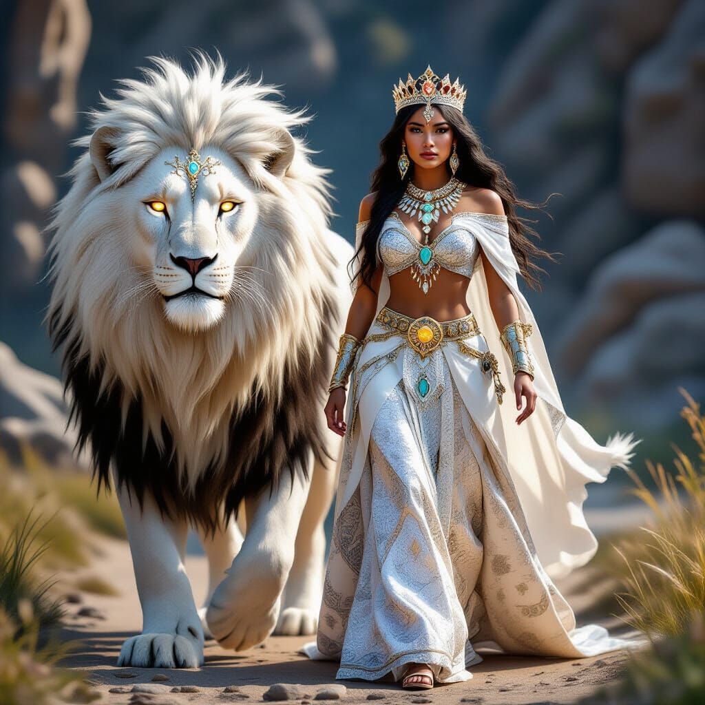 Radiant Queen and White Lion in Fantasy Portrait