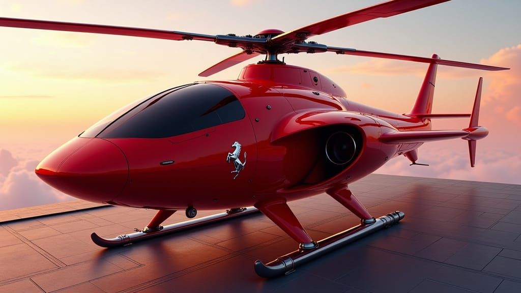 Sleek Red Ferrari-Inspired Helicopter with Prancing Horse Lo...